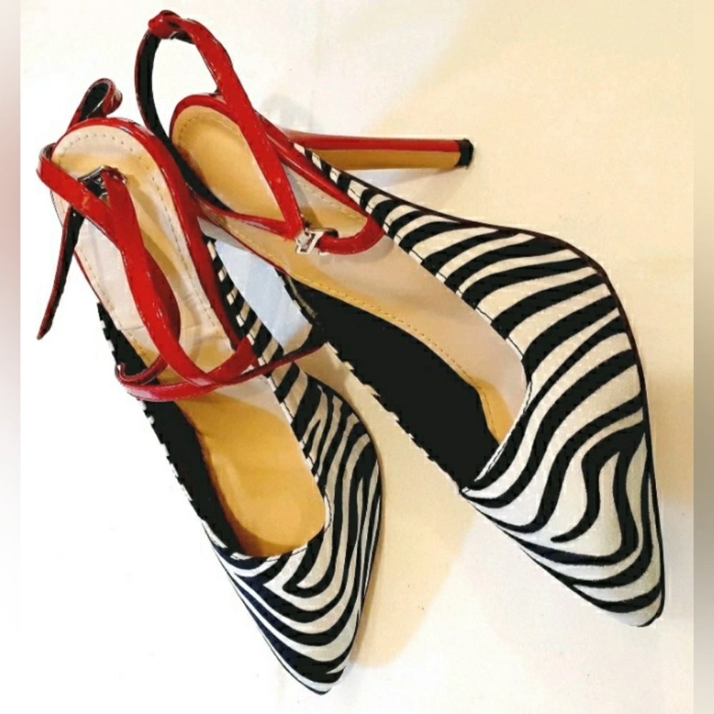 Zebra Print w/Red Patten Ankle Strap Stiletto EU40/US 9-9.5